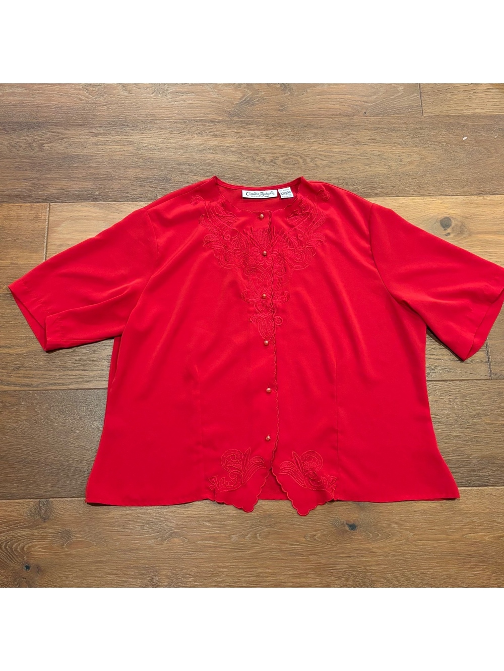 Vintage 80s Claudia Richard Red Embroidered Floral Button-up Blouse, XL